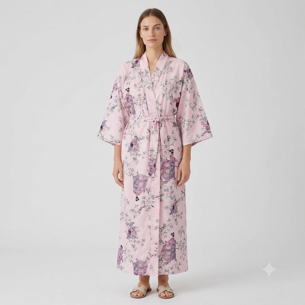 Vintage Japanese Kimono Robe Pink Cotton Geisha Floral Sakura OS Loungewear